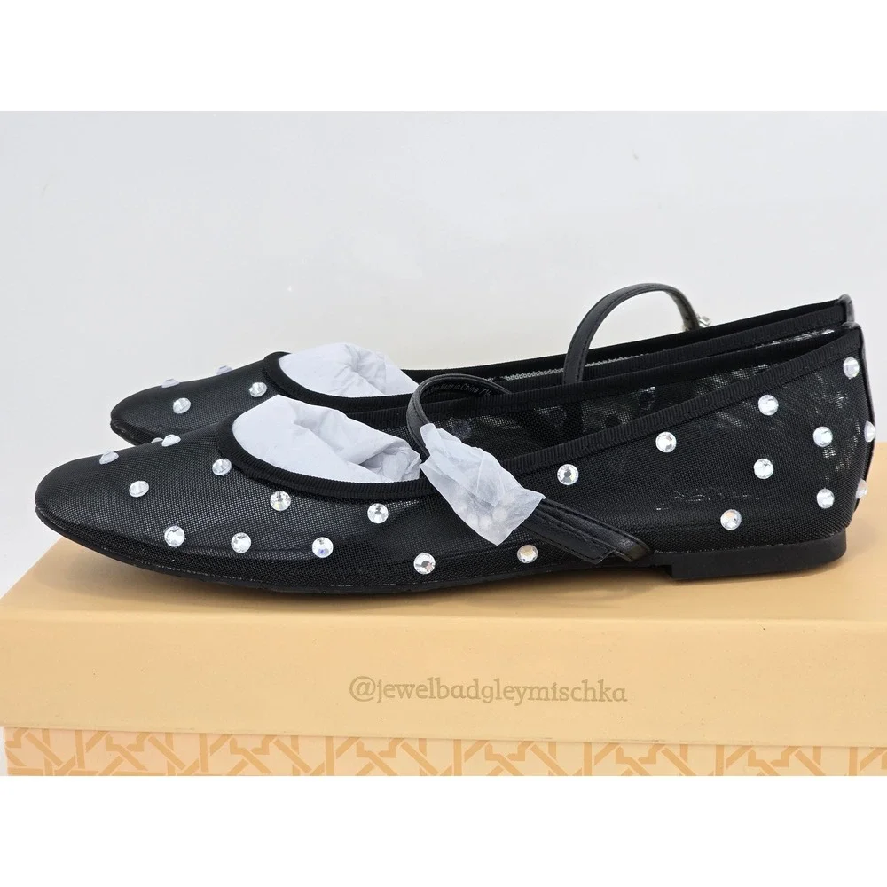 Jewel Badgley Mischka Kaya Flats Womens 7.5 Black Mesh Rhinestone - New